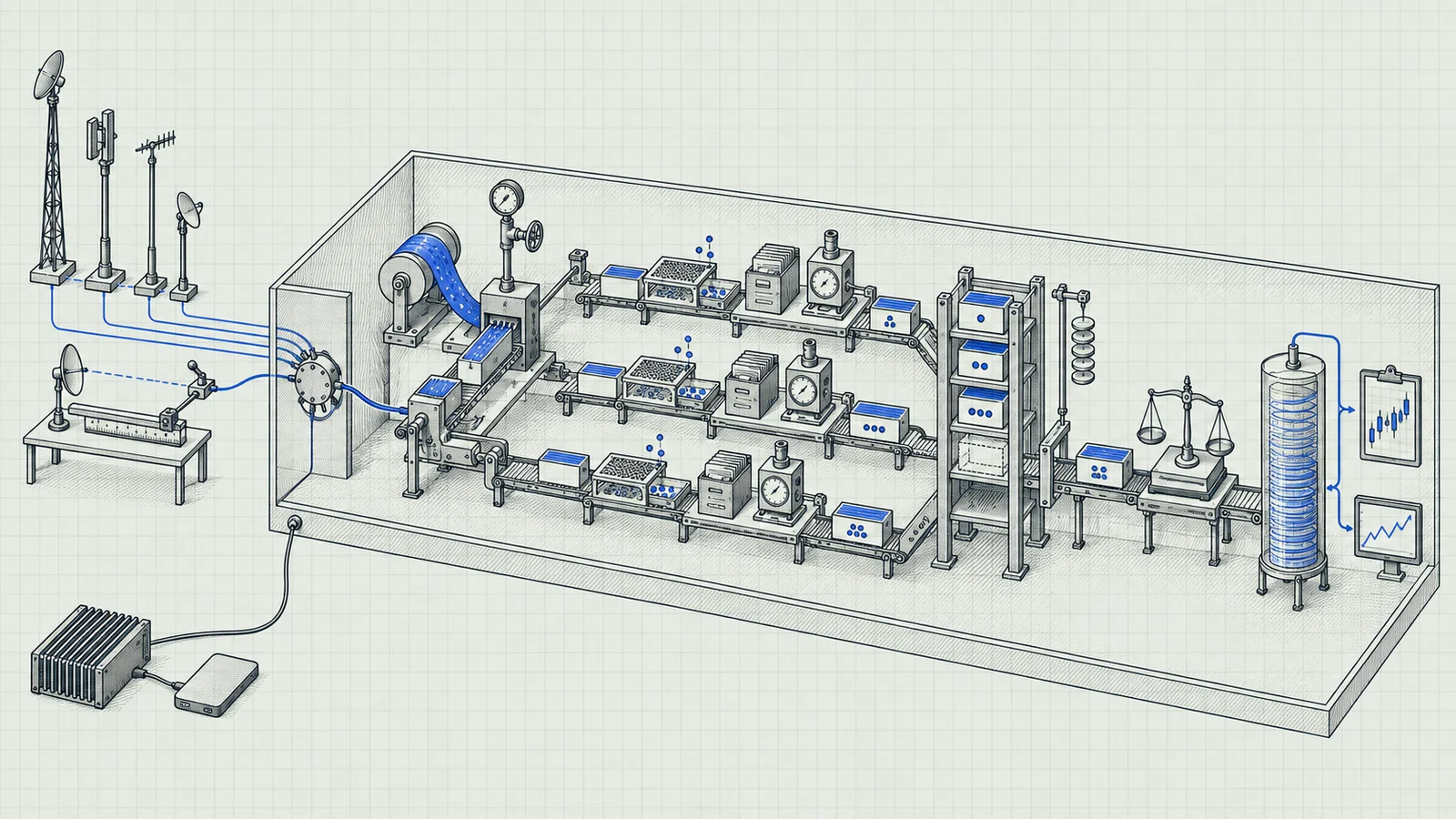 Isometric ink illustration of the indexer as a small factory: external antennas feed a selector switch; a valve sets how long each crate of data is; three parallel lanes sift, look up and time-stamp crates; a rack holds finished crates until their turn; a single line weighs each crate and fills a layered tank that feeds a candlestick chart and a live screen; a single-board computer with a portable SSD powers it all.
